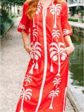 Victoria Dunn Red Maxi Dress with White Palm Motif